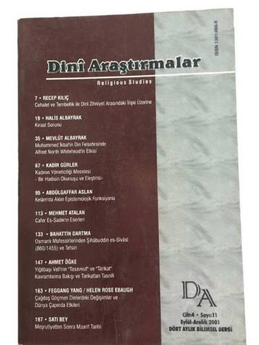 DİNİ ARAŞTIRMALAR DÖRT AYLIK BİLİMSEL DERGİ CİLT.4 SAYI:11 EYLÜL ARALIK 2001 - 0