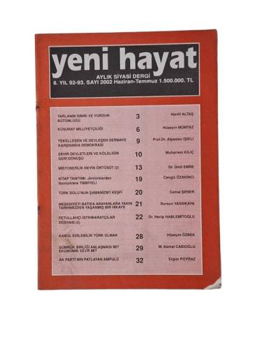 YENİ HAYAT AYLIK SİYASİ DERGİ SAYI 92-93 HAZİRAN TEMMUZ 2002 - 0